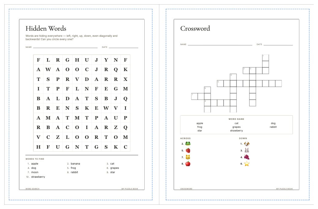 Two facing pages of a puzzle book shown as an open spread, with dashed guides marking Amazon KDP's safe area and a shaded band showing the gutter swallowed by the binding.