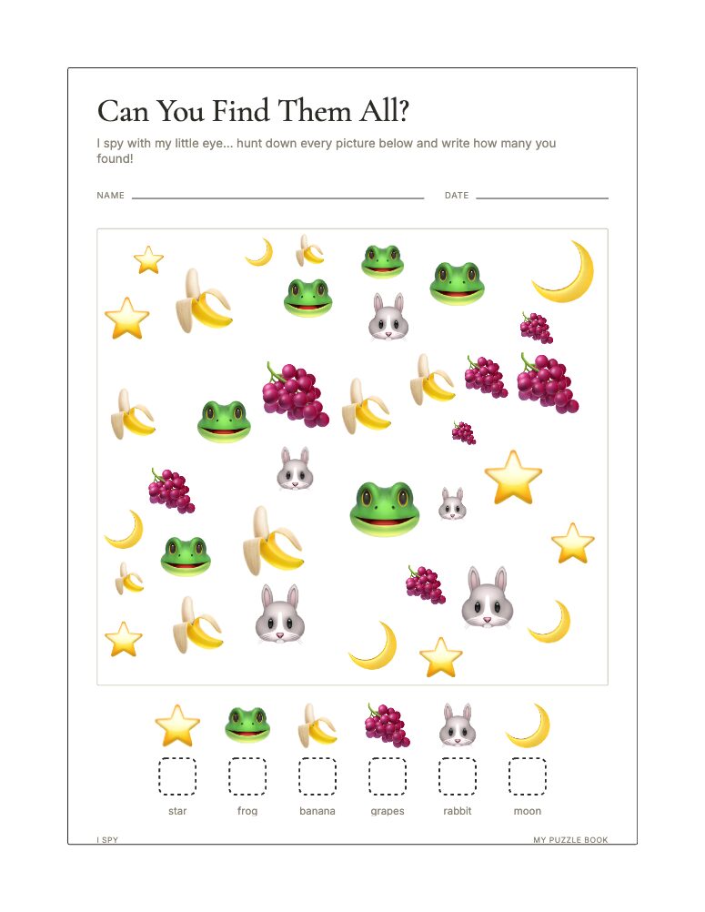 An I Spy puzzle page: a scatter of clipart with a counting strip along the bottom.