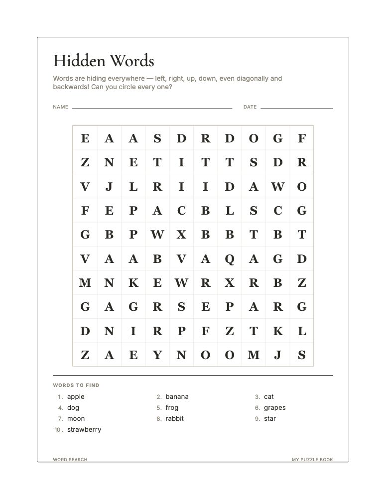 A word search page with a letter grid and a numbered word list.