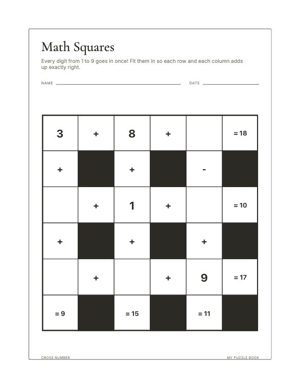A Cross Number page produced by Build Puzzle Books.