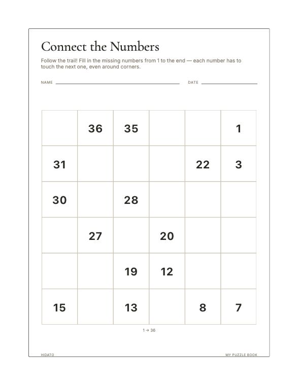 A Hidato page produced by Build Puzzle Books.