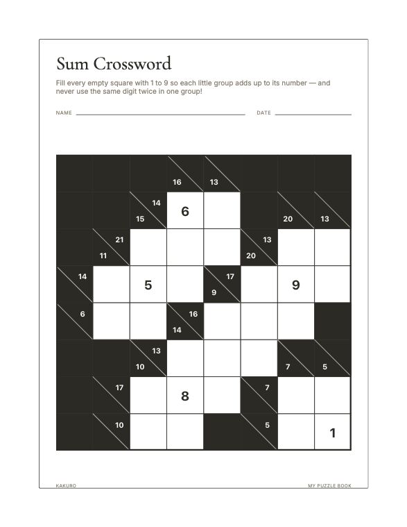 A Kakuro page produced by Build Puzzle Books.