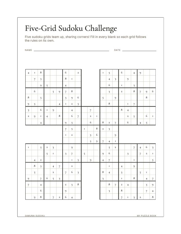 A Samurai Sudoku page produced by Build Puzzle Books.