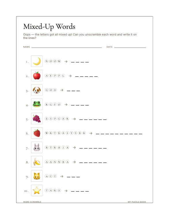 A Word Scramble page produced by Build Puzzle Books.