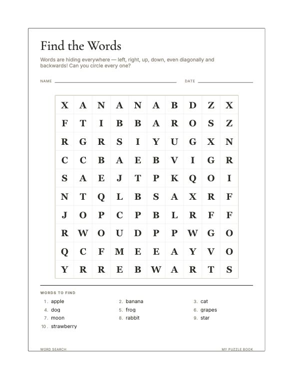 A Word Search page produced by Build Puzzle Books.